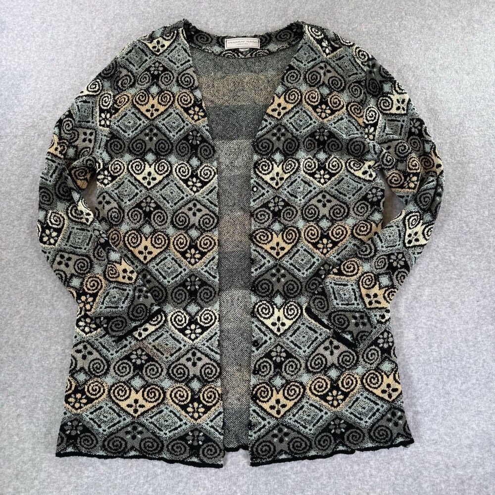 VTG French Rags Knit Button Cardigan Heart Scroll Green Black Cream XL Stretch